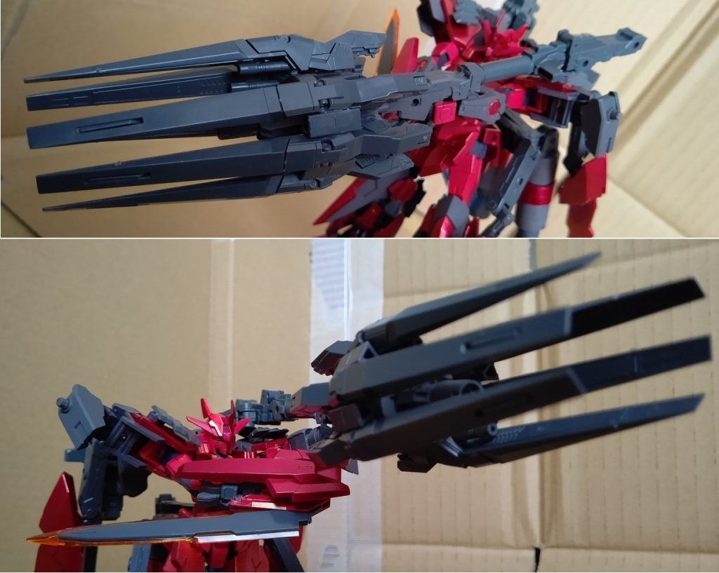 GNメガバズーカⅡにさらに肩部3連装ビーム砲を合体させた、超長射程・超広範囲・超絶火力の決戦兵器『オメガブレイズ』。距離も地形も関係なく全てを焼き払う凄まじい威力を誇るが、チャージに数秒かかることや、増設したGNドライブでも賄いきれないほどのエネルギーを一気に消費してしまうため、撃った後はしばらく行動不能になるという欠点も併せ持っている。