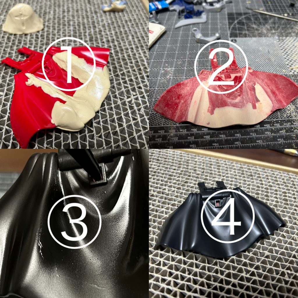 マント。プラ板で自作するか迷いましたが、キットのマントをパテで加工。これが一番時間かかって年内完成できなかった要因。納得できるレベルに達するまで3回程継ぎ目の修正しました。作った方がよかったかも。