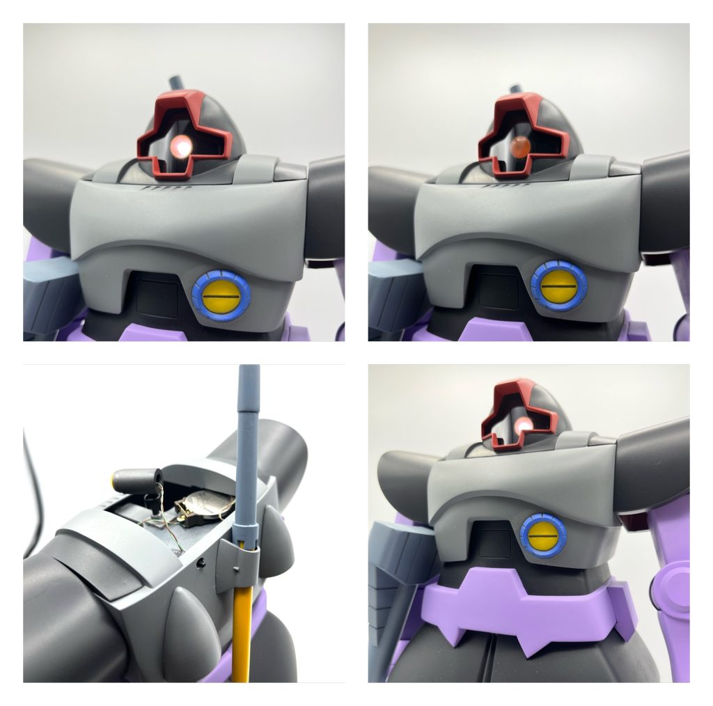 モノアイはムギ球発光からLEDに変更。電源もボタン電池に変えてON/OFFスイッチ首の後ろに設置。