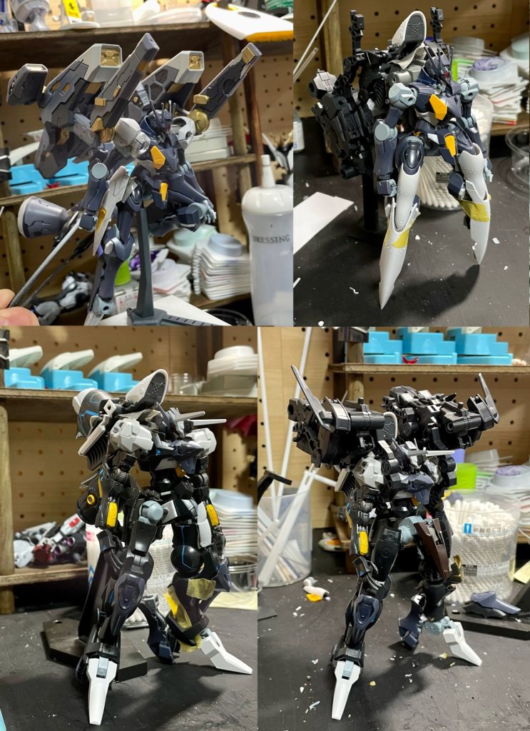 初期案は脚を流線型にしてゲーム「アヌビス」のジェフティみたいな感じにしようと思い、持っているフィギュアのベクターキャノンを背負わせてイメージ作りなどしていました上手い事行かずに過去作のジャスティマと合わせてみた所なかなか良い感じだったので、じゃあこれにベクターキャノンぽくデカいバックパック付けるか〜て事で今の形に落ち着きました