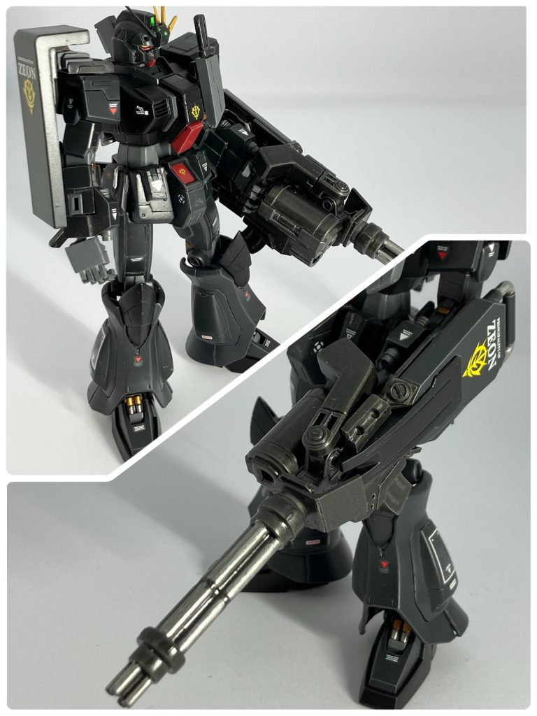 シールドガトリングはちょうど発売された水星のOPパーツを中心にプラ板で制作。裏面にマシンガンを懸架できる他、バラして普通に陸戦型のシールドとして使用できます。