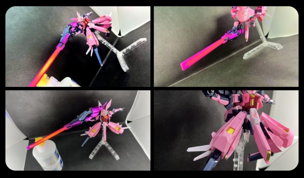 ブース撮影です。クソデカ武器は保持できない定期(*´꒳`*)可変機構のおかげで可動は思ったよりも悪くなく、スタイリッシュな感じです。それにしても非常に特殊な構造をしているので、これを設計した人は正直イカれてるなって思いながら作ってましたw