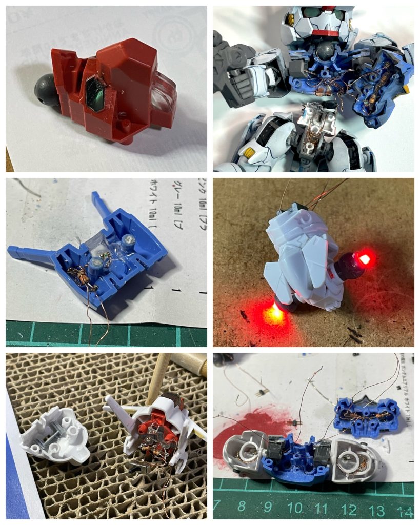 LEDは以下の箇所に入れてあります。合計10灯。両目額胸(左右)両肩両脚バックパッククリアパーツになっていない箇所はくり抜いてUVレジンでクリア化しています。