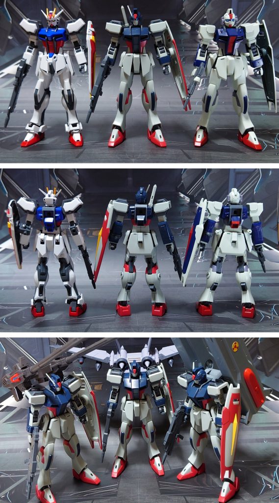 原型機のストライク、後継機のダガーLとの比較と、ジェットストライカー・マルチプルランチャーパック・ドッペルホルンを装備したところ。