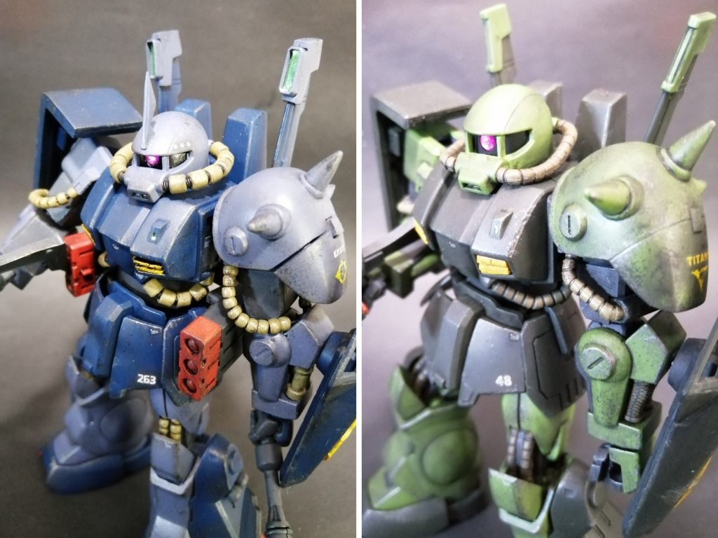 正面上から。ハイザックの特徴であるパイプ類を市販のモノや１００均ビーズなどで作り直し、肘との接合部をアニメ設定どおりに。意外と目立つスパイクアーマ接合部も一度斬り接合。バックパックフィンのセンサーも作り直し。指揮官機らしくセンサーや頭部アンテナ強化。