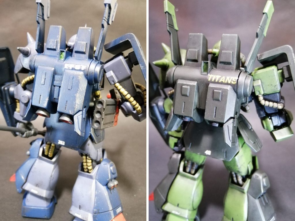 背部から。短めに感じるバックパックやスカートアーマーを上下拡張。スラスターの大型化。後ろ姿がスマートに見えます。