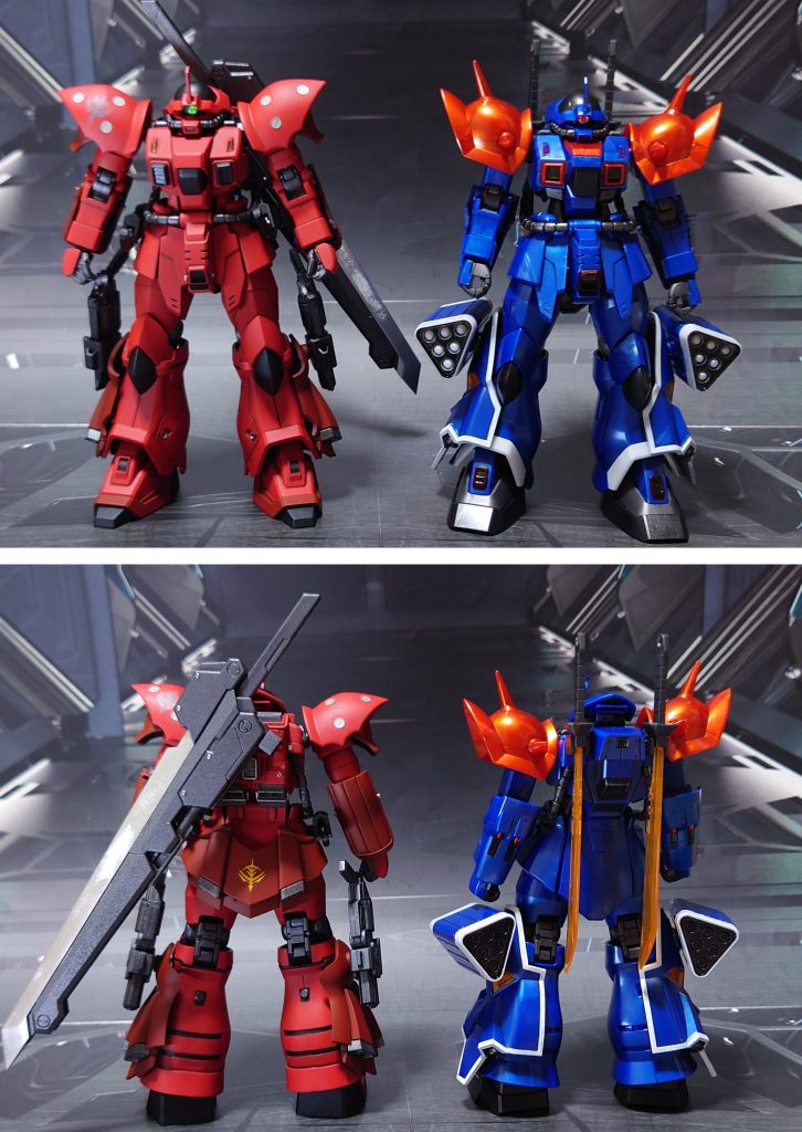 自分が持っている他のイフリートと比較、イフリート改(メタリックグロスインジェクション)と並べてみました。■塗装レシピ赤:グレーサフ→MSレッド→つや消し茶:グレーサフ→ダルレッド→つや消し黒:黒サフ→メタリックブラック→つや消し関節、武器類濃グレー:黒サフ→ガンメタル→つや消しナイフラック、ナイフグリップ:黒サフナイフ刃:黒サフ→メタリックブラック→光沢刀刃:黒サフ→ブラック→メタルシルバー→光沢胸部センサー:市販シール素材本体側金属パーツ:つや消しその他部分塗装、墨入れ:ガンダムマーカー各種→つや消し