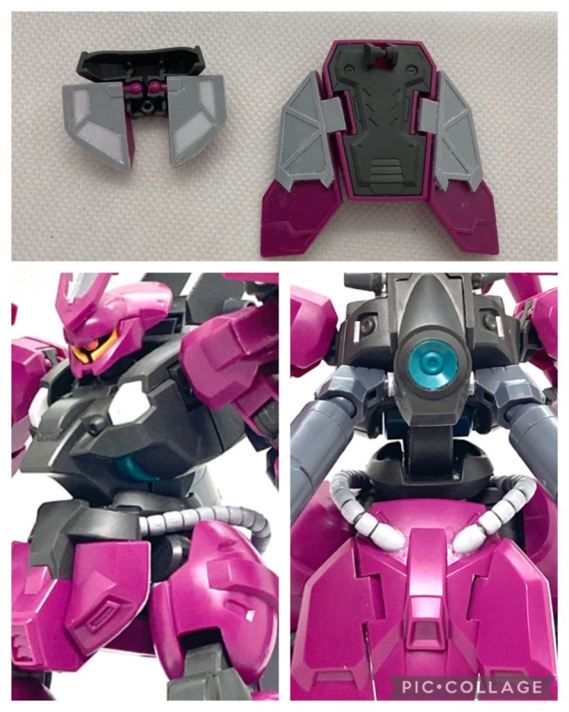 腰には動力パイプを追加し、フロントアーマーの基部からバックアーマーに接続。バックアーマーのスラスターに動力を供給する設定。アーマー裏も0.3㎜プラ板で整えました。