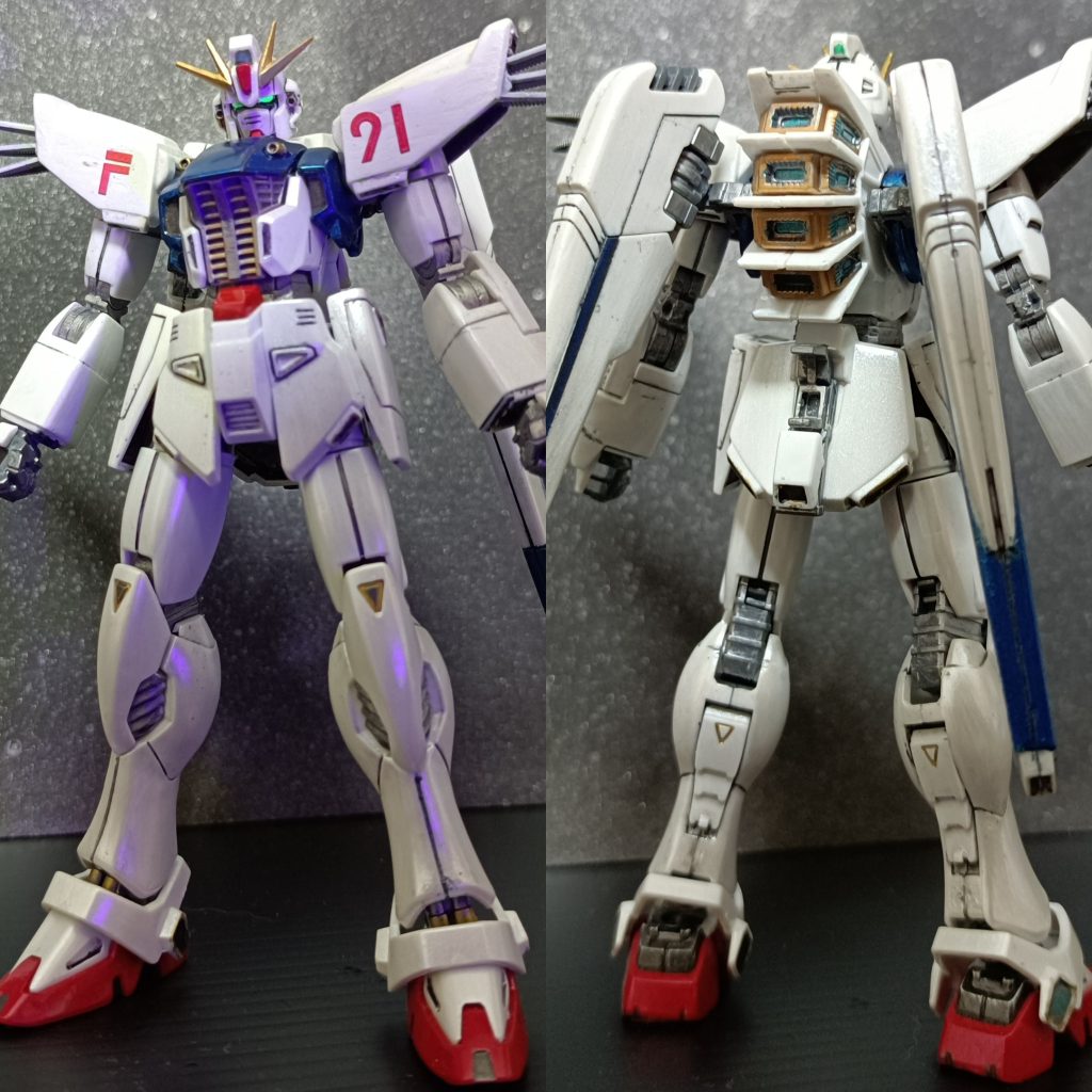 筆塗り全塗装で細部の塗り分けまでやりました。胸と背後スラスターの塗り分けが一番大変でしたね。頭部と胸部にあるバルカンの塗り分けは、我ながら気に入ってます！ツインアイは蛍光塗料使って光らせました。