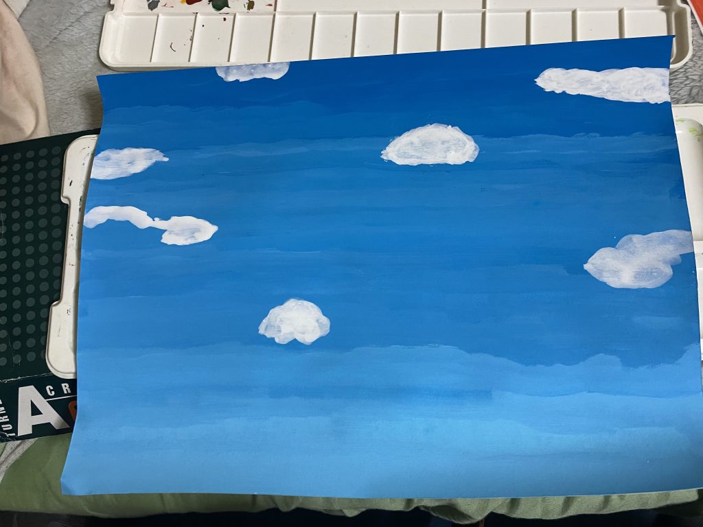 背景の製作途中。雲を描いていい感じにしようと思ったら思ったより牧歌的になってしまったので上から塗り直しました(^_^;。ここまで見ていただきありがとうございました!次は何を作るかは決めてないですが,RGゴッドガンダムの拡張セットが届いたのでそれとゴッド合わせて撮ろうかなとは思ってます。それでは。
