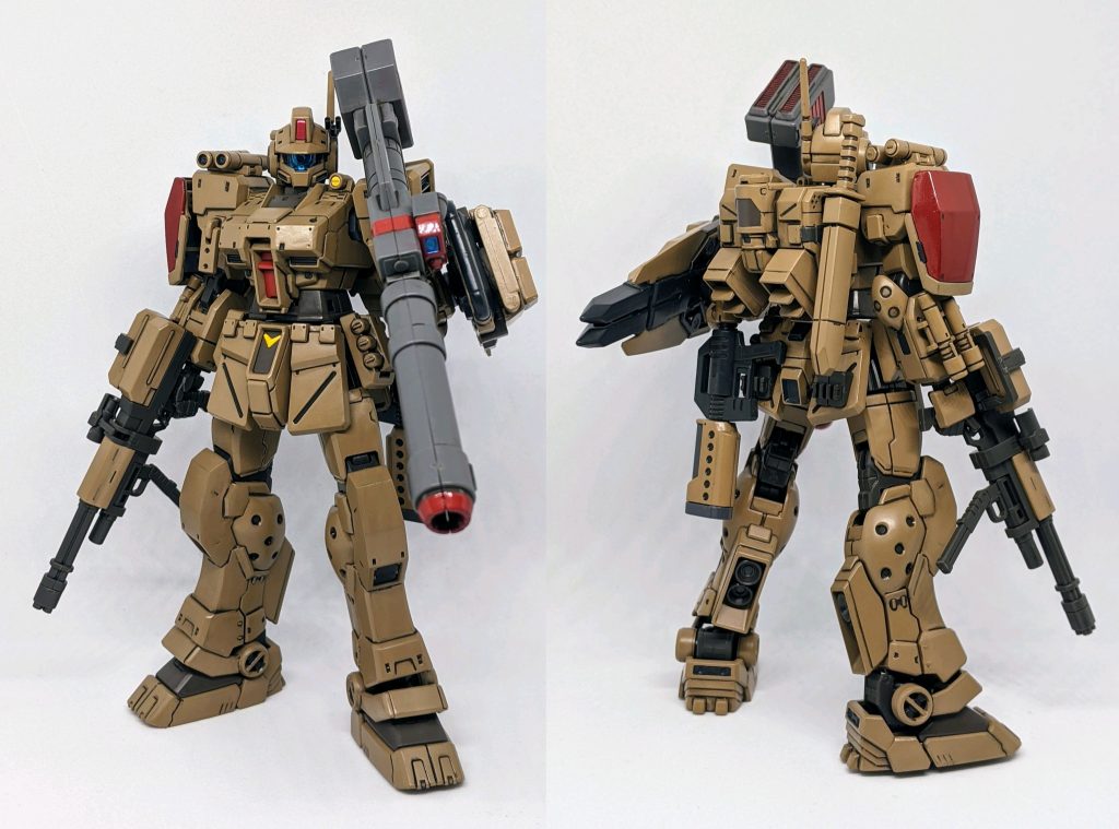 ジム・スパルタンをブラウン系カラーに染め上げた一品、武装を追加し肩のシールドに赤色を足したことで隊長機らしさを表現してみました。