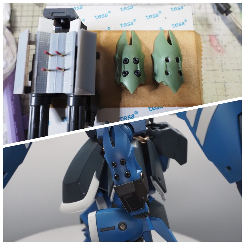 ガトリング基部と腕との接続は少し角度を付けた真鍮線4本で行っています。 外した後もディテールになって会心の出来ですｖそしてこのガトリングシールドを更に１つ足すと……