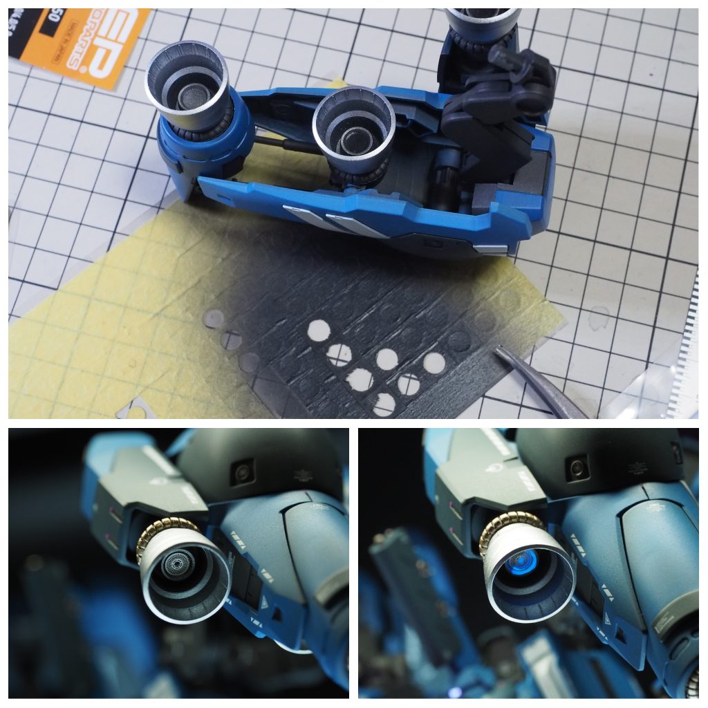 バーニア内は円形マスキングシートを塗ったものを貼り、蛍光クリアの後、エッチングパーツで蓋をしました。