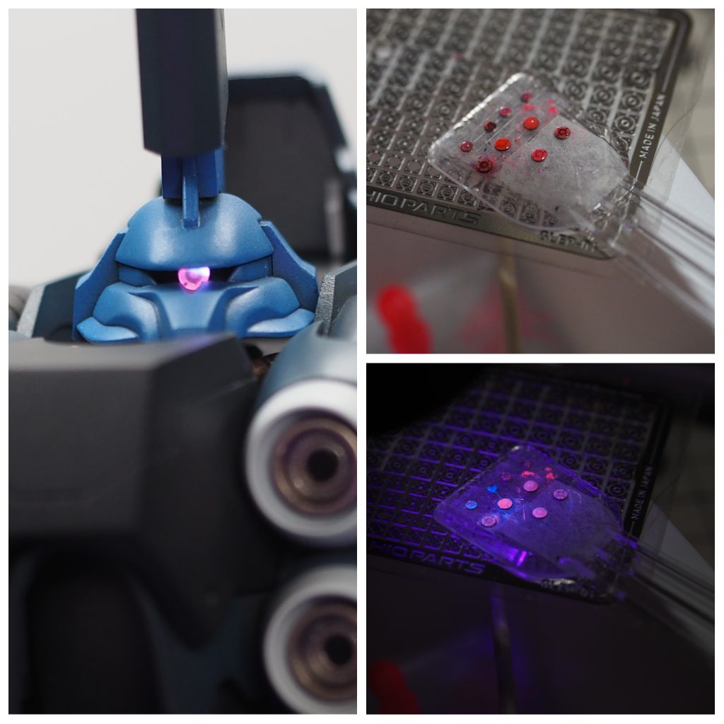 モノアイにもエッチングパーツを使っています。モールドをスミ入れした後、ガイアノーツの蛍光クリアとアクリジョンの蛍光レッドを無理矢理混ぜ、透けて光る蛍光ピンクを作りました。素の蛍光ピンクだと白濁してしまったり、蛍光クリアの上にクリアレッドだと光が止まってしまう等、試行錯誤しました。UVレジンを盛って多少のレンズ感も足しています。