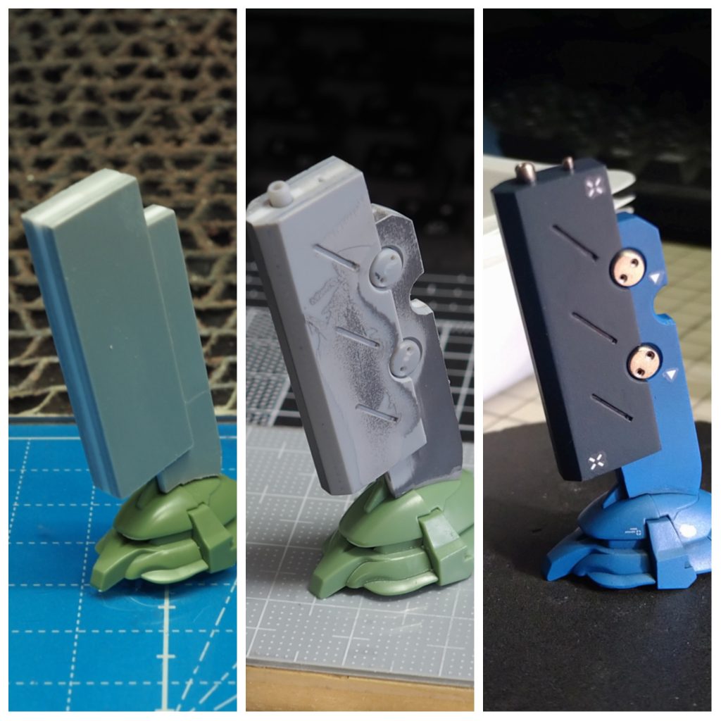 頭部アンテナはプラ板から作ったオラオラなパーツに置き換えました。他にも、胸部や腕部などの優雅ポイントをプラ板で覆い隠し、ディテールを加えて無骨な感じに仕上げています。自作パーツと元キットの形状合わせは、シリコンバリアーにUVパテや瞬着パテの組み合わせで行いました。