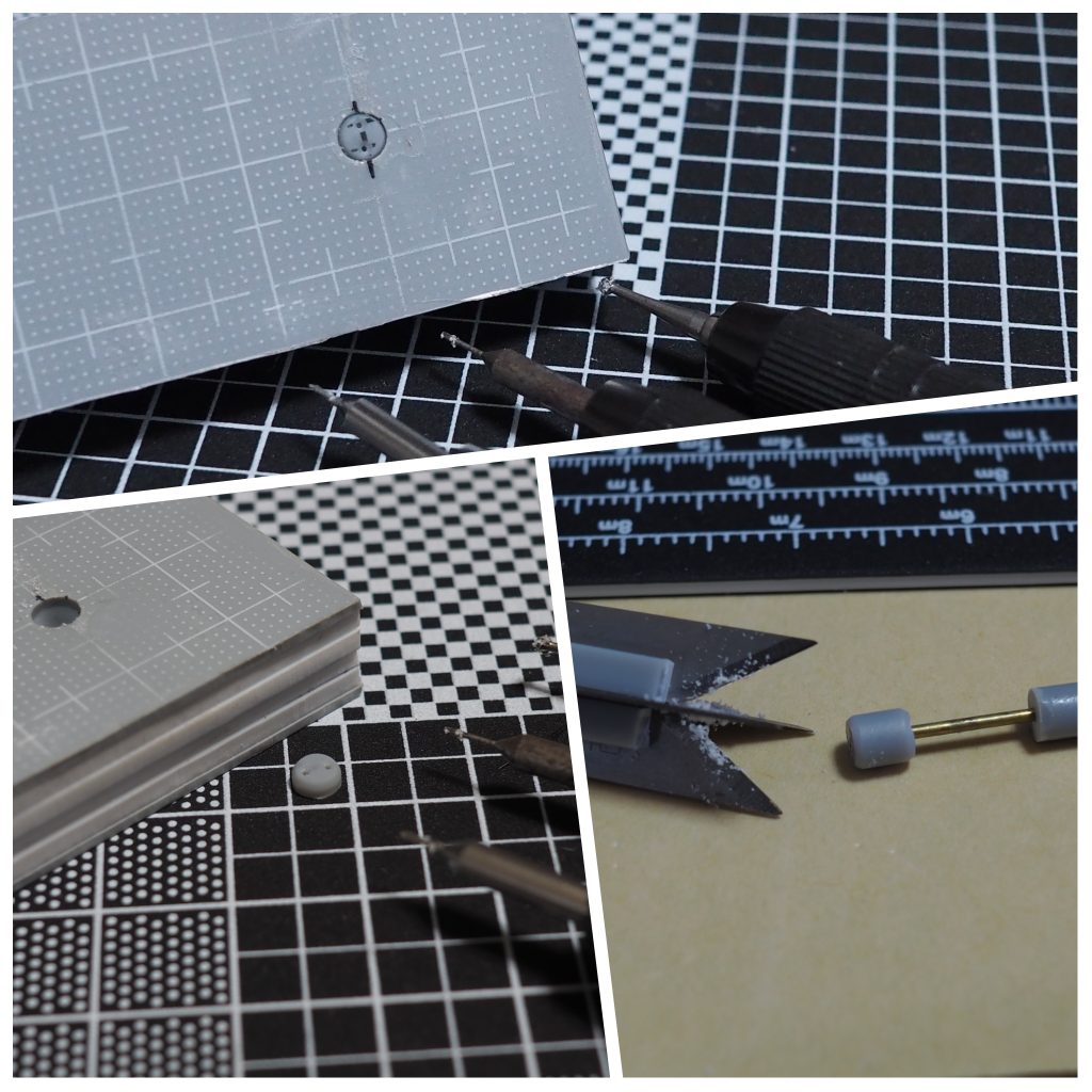 頭部パーツに入れる円筒状のディテールを作っているところです。パーツが小さいので保持する為の治具を作る等しました。