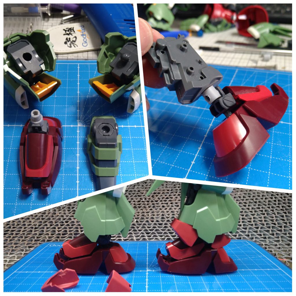 足の接続はこんな感じです。クシャトリヤ側のボール軸を切り飛ばして開口、そこに羅刹天側に付けたプラパイプを突っ込むことで横回転を可能としています。微妙に空いてしまうスペースも羅刹天のパーツを活用して埋めました。