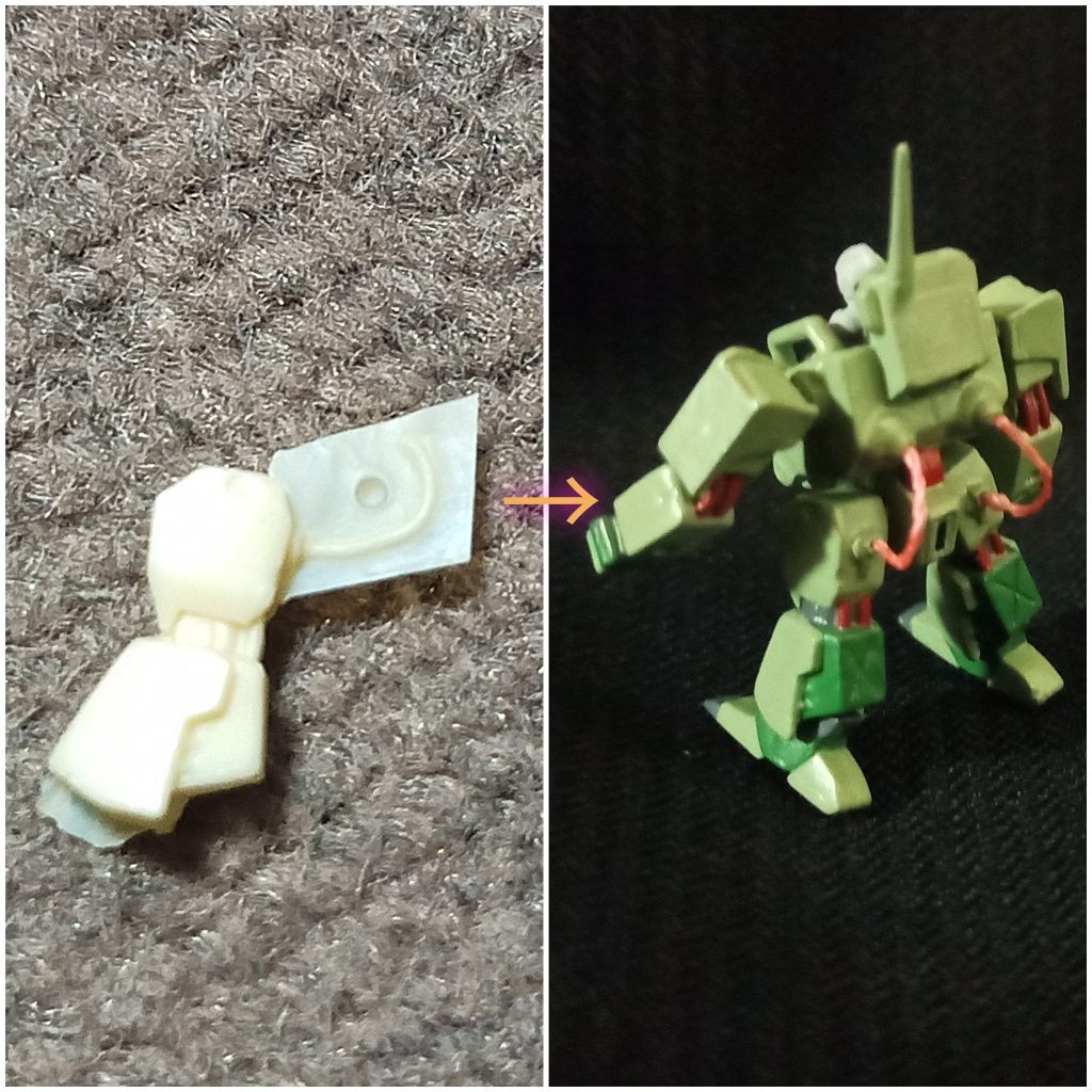 脚と背中を繋ぐパイプも造形されてましたがレジン製なので切り取り、釣り糸(赤色・PE製)に変更する事で可動を確保