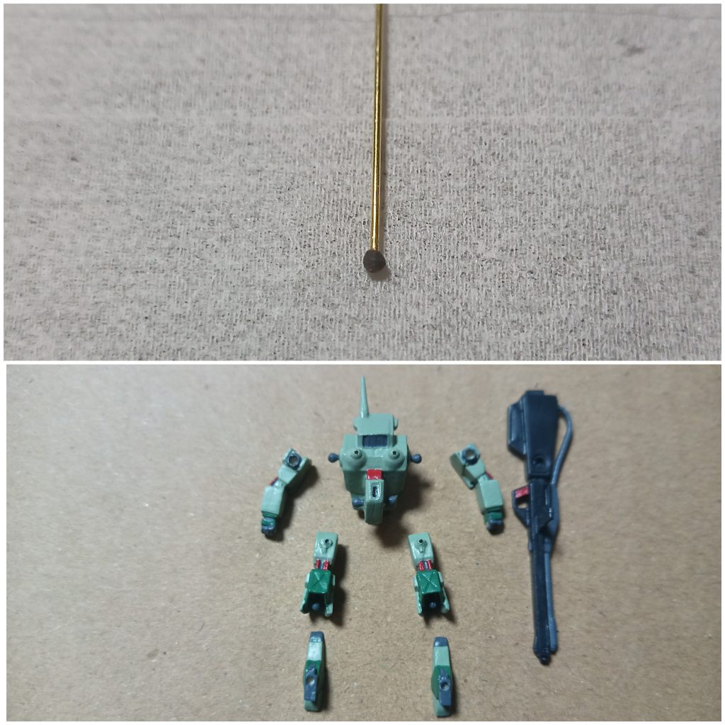 ガンプラです(๑•̀ㅂ•́)و✧本来の仕様上、各部接着のところを真鍮線に余剰プラランナーをぶっ刺して加工し肩、脚つけ根、足首をボールジョイント化して可動モデルにしました