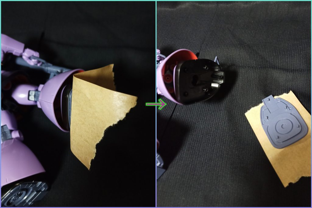 そのまま組んでしまうといざドム/リックドムに切り替えたい時に差込み固くてなかなかパーツ外せなくなるんですが、コンパチ部分はダボ穴を拡張してから組む事で、足裏なんかも粘着テープ貼って「えいっ!」と引っ張るぐらいで外れるようにしました