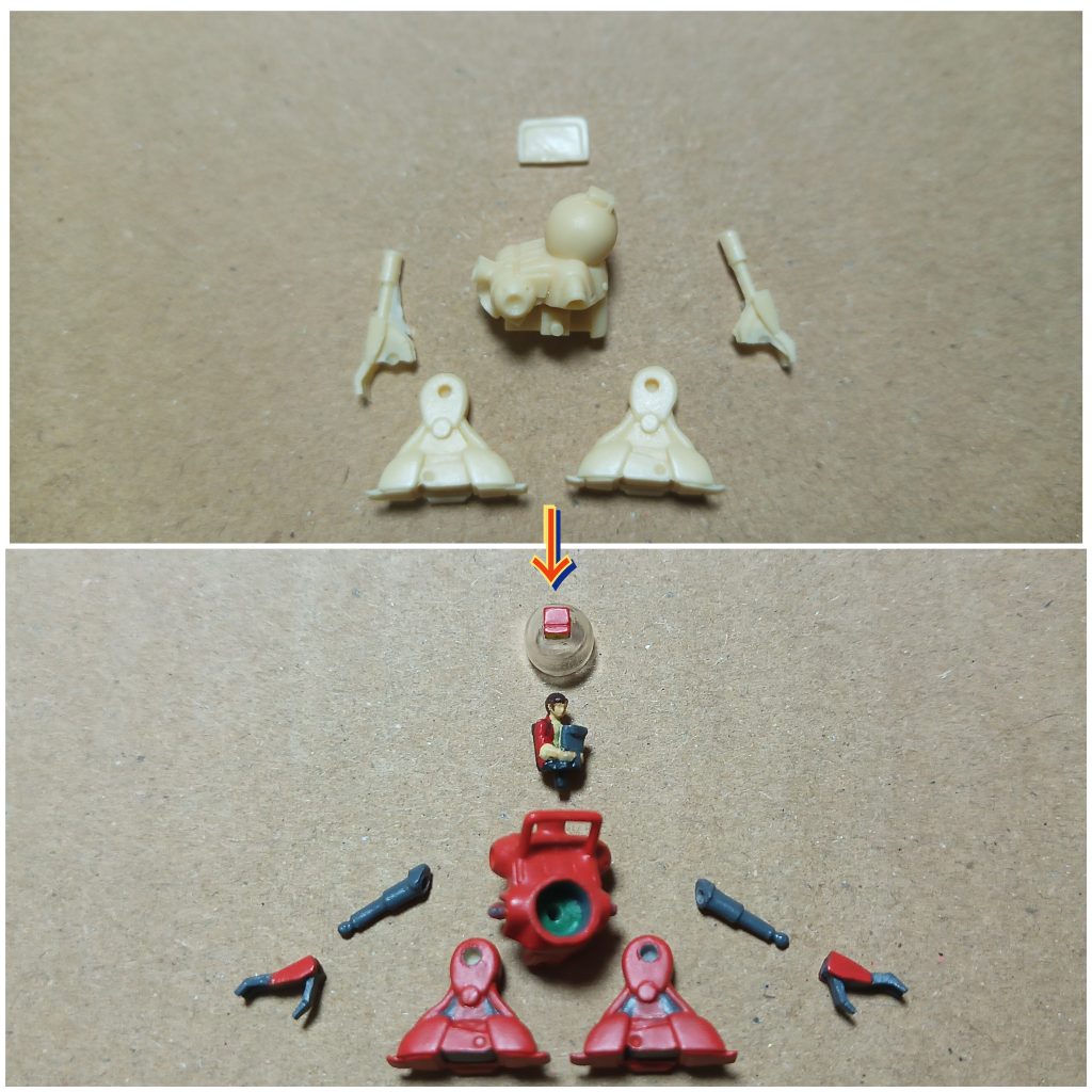 前回アップしたJr.モビルスーツ同様こちらも各部接着の固定モデル前提だったのでボールジョイント作って可動モデルに腕はそのままボールジョイント仕込んでもあまり面白い可動しなさそうだったので本体側の肩を切り落として腕に接着し、肩から可動するようにしました※追加で手首にも関節仕込み回転と若干のスイングができるようにしたので写真差し替えました…小さいモデルにあまり可動部増やしても収拾つかなくなりそうではありますが、手首回転は追加する事でポージングの幅がそれなりに広がったんじゃないかなぁと思います^^;