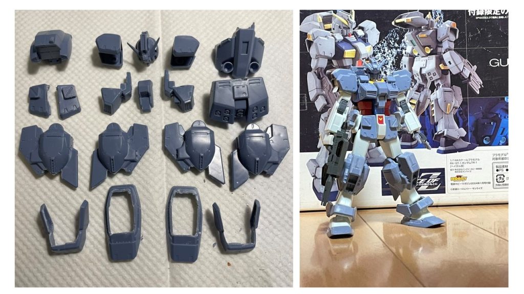 ひと月ほど前に、電撃ホビーマガジン2004年1月号の付録であるヘイズルを、EGガンダムでフル可動化してみましたが、とても楽しいガンプラ作り、改造(工作?)だったため、また作ってみました。付録ヘイズルは立ち姿こそカッコいいものの、ひざやひじが曲がらない、足の裏はすっぽんぽん、ビームライフルはペラペラ、という、改造されることを想定したようなガンプラでした。まずは付録ヘイズルをニッパーでバラバラに切り刻んで、EGガンダムにあちこち貼り付け(このあとスネまわりも貼り付けました)。その後微調整や背面の大型ブースター取り付けなどして、筆塗り全塗装してます。