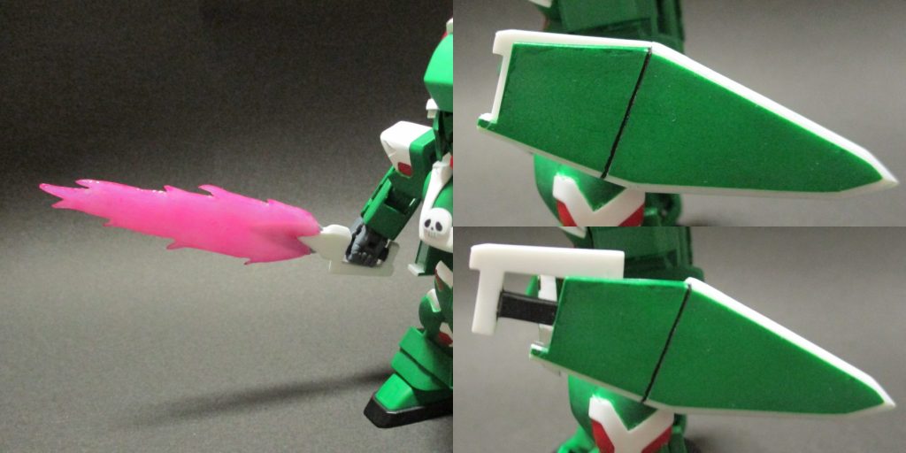 武器はヒートダガーとそれにかぶせることのできるフレイムソードエフェクト。ヒートダガー及びそれを収めるバインダーはプラ板でスクラッチ。エフェクトは透明プラ板を芯にした木工用ボンドの塊です。