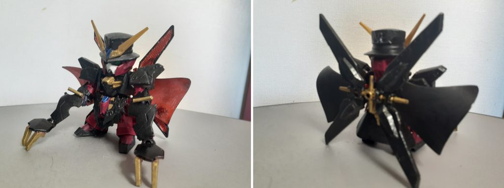 コートパーツを両手に装着して、ディバイダーを展開、マントを横に動かすとチェストブレイク風の「ヴァンパイアモード」にチェンジ！この姿を見て生きていたものはいないという……。といった形のオリジナルSDWHキャラでございました。ご清聴ありがとうございました！