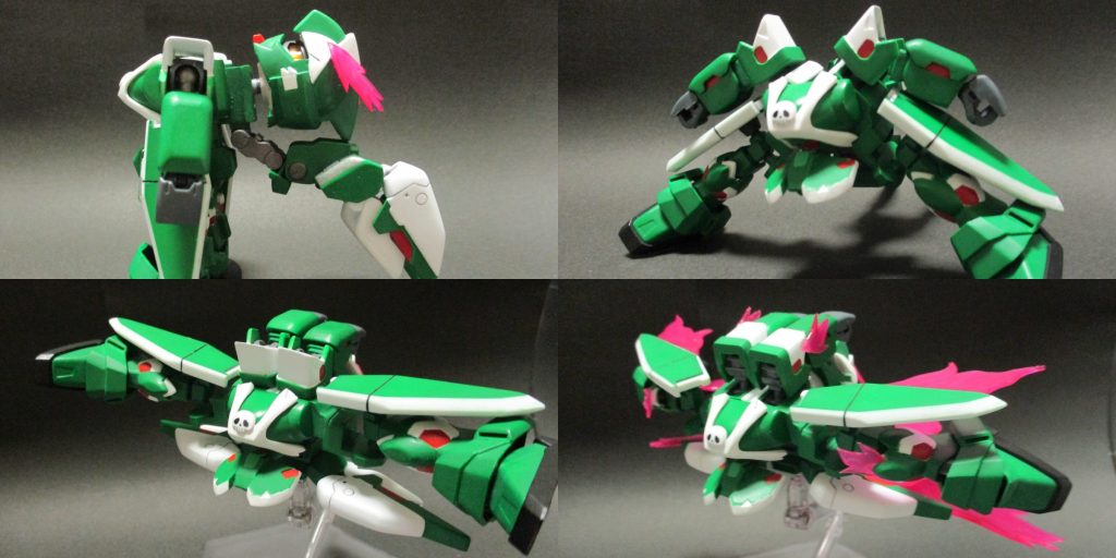 変形も可能です。1.干渉よけのためにバックパックを展開しつつ、頭部を基部ごと後ろに2.漫画の設定通り、肩から腰まで一塊として左右に分割3.腕をそろえて後方へ。バックパックは180度回転。フロントスカートは漫画だと2つ折りに変形しますが、そこは簡略化して前に出すだけになってます4.肩アーマー、足首の向きを調整して完成! 立ちポーズで忘れてた肩と膝のエフェクトこっちではついてました