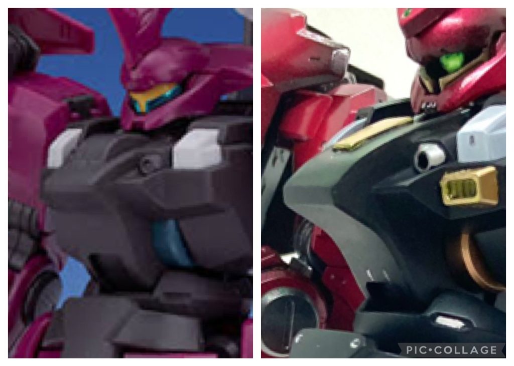 ゼータ系やディジェ、バウのような胸部ダクトも追加。胸の形がごちゃごちゃしてきたので、ディジェやサザビーと同じように頭部にコクピットがあるということにして、胸部のコクピットハッチは削り取り、ディジェの首元のデザインを思わせる金色のプレートを追加。