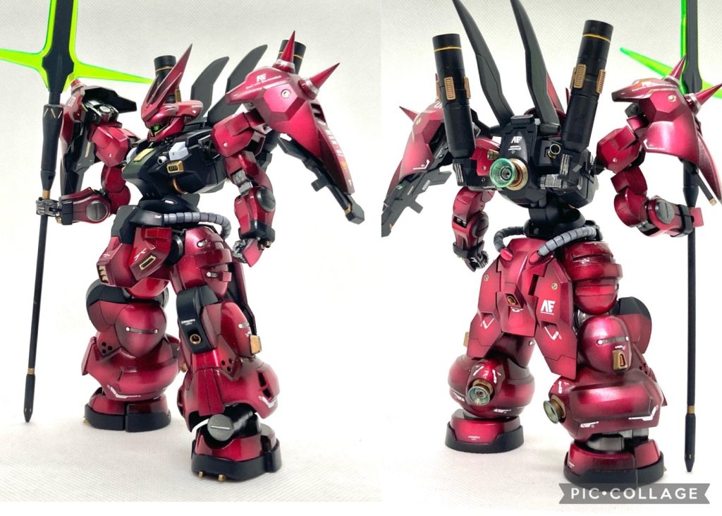 ディランザの曲線的なフォルムはジオンぽい雰囲気がプンプン。モノアイ、動力パイプ、スパイクというジオン系MSのアイコンを盛り込んだところ、ご覧の通り、まさしくジオン系MSの風貌となりました。黒立ち上げからのクリアルージュによるキャンディー塗装でこのキットの局面的なデザインを強調してみました。ディランザは全体的に歌舞伎役者みたいで好き。