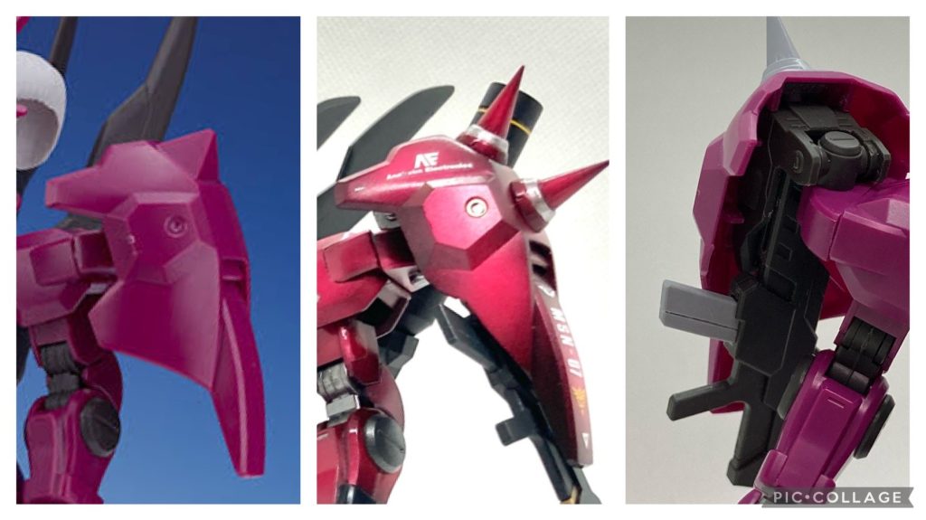 肩のフレキシブルシールドにはスパイクを2本ずつ追加。このフレキシブルシールドの裏には武装をマウントできるギミックがあるのですが、ビームライフルはマガジンを外さないととりつけられません。いざ使おうとした際にマガジンを差し込んでいたりすればスキが大きいので、前面のほうを少し削って、マガジンを装着したままマウントできるように改修しました。見た目もスッキリ。ビームライフルのマガジンが小さすぎるので、少し大きいものをプラ板で新造しました。