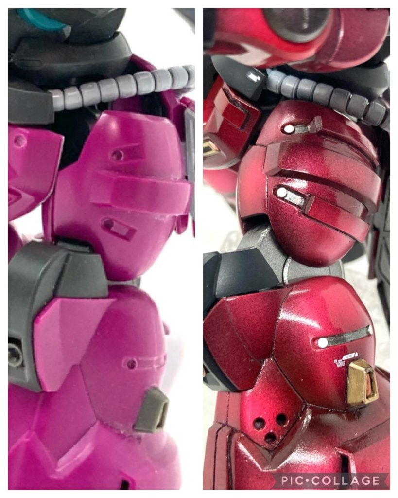 太ももにはプラ板でディテールを追加。1.5㎜のピンバイスで丸モールドを追加しそこに同じ径のアルミ棒から切り出した自作のメタルパーツをはめ込み。