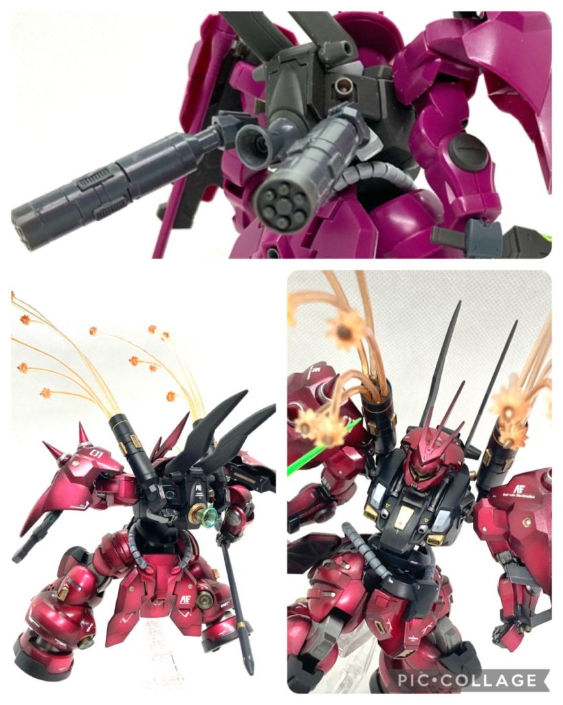 バックパックにはコトブキヤのプロペラントタンクをミサイルポッドに改造したものを追加。ヒンジで可動し、肩越しに撃ったり、背面に撃ったりすることが可能。初期のファンネルミサイルはあくまでも誘導弾であり、複雑な軌道は取らず、より直線的な軌道で飛行していたと考え、ミサイルポッドで射出する設定を考えました。これにより、あまりMS本体の装甲やフレームを変更することなく装備運用が可能なはずです。メインのバーニアスラスターも埋め込み式から宇宙世紀らしい円錐形のものに変更。