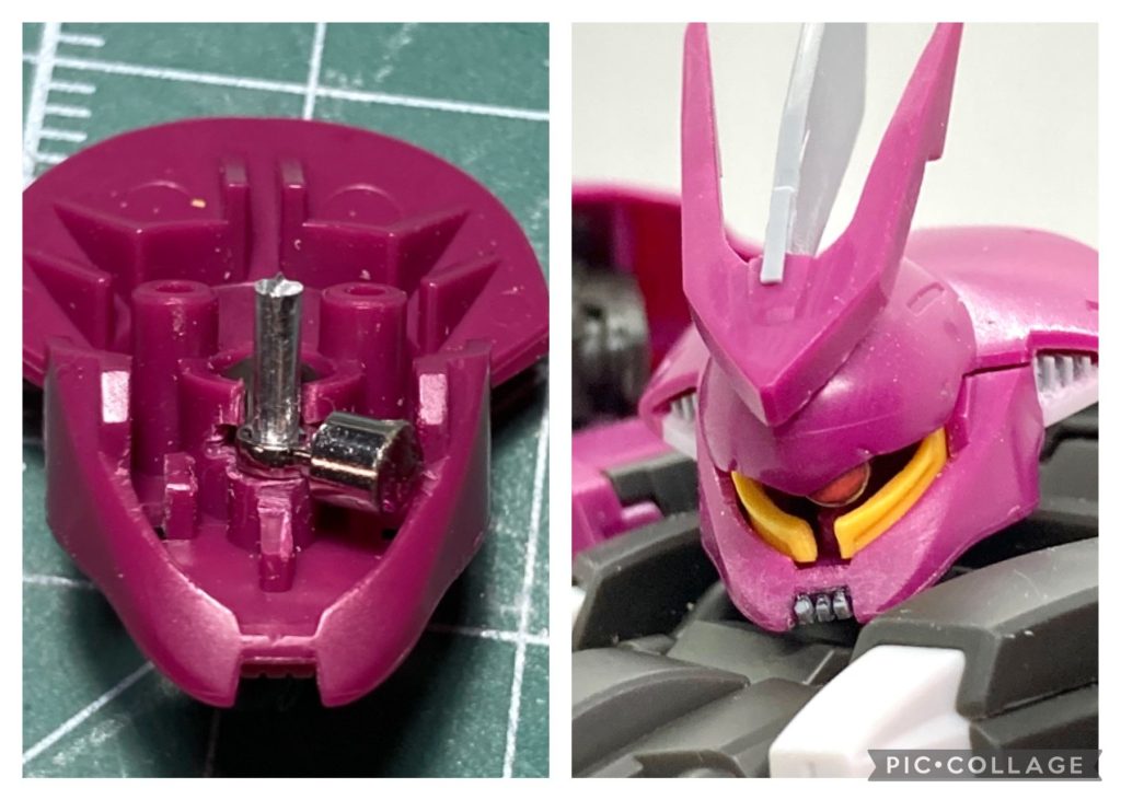 モノアイは、ダイソーのカツラを短く切ってクリアレジンでレンズを作成したものを使用。アルミ棒で軸をつくって可動式にしました。頭部側面と顎にはシイタケディテールを追加。ブレードアンテナはパーツの上部を切り出したものとプラ板で新造。