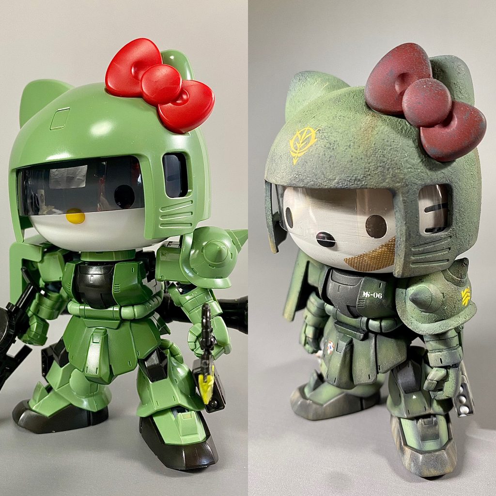 最終的にこうなりました。ヘルメットや肩アーマーの鋳造表現を溶きパテで、ほっぺたの絆創膏は本物を切って貼り付け、モノアイシールドをペットボトルから切り出して透明化。