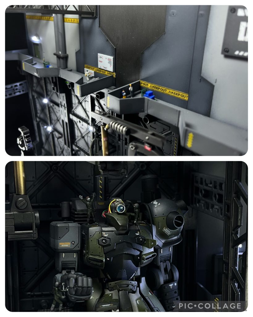 制作物?「作業員たち」上の写真奥は連絡の掲示板なんかをみてる作業中の人、手前は密会中の作業員と事務員さんですかね笑作業中に魔がさしてしまったんです。すみません。下の写真は頭部の作業とマニュピレーターの調整とかをしているイメージです。こちらも偉い人の部屋の人同様一生懸命塗りました。