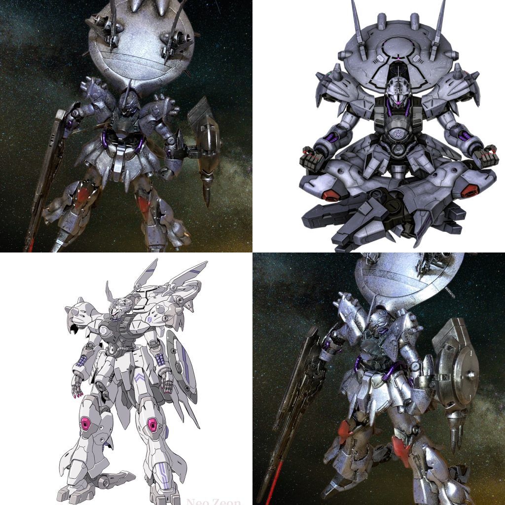 某ゲーム色は右上のイラストですね。元機体は左下。パープル、シルバー、グラデーションが強調されて印影がナイスなんで、下地をガンメタにスポンジ塗装、ウェザリングマスター塗装を駆使してなんとか寄せてみました。
