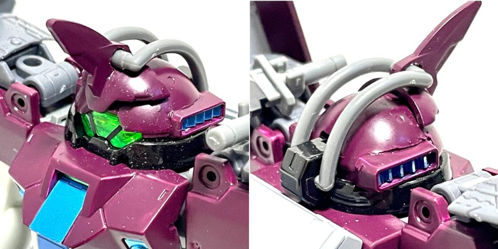 【頭部】メカニック科電子機器専門のメンバーがこぞって多種多様なセンサーを積み込んだ結果 熱処理のキャパを超えたため、強制冷却機を増設した。なお光学センサーも複数の異なる機器を詰め込んでいるためアイグラスを3分割している。