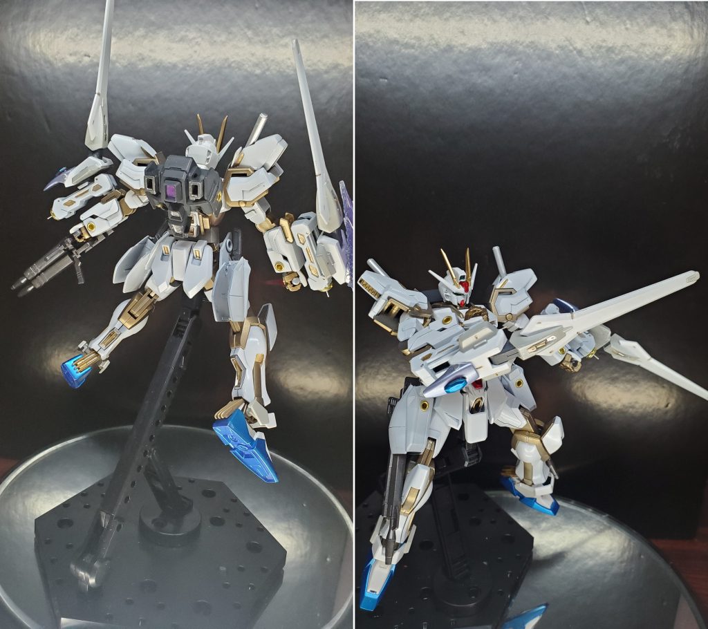 肩部にスラスター兼ビームサーベルラック、背面にスラスターユニット、腕部に大型のドラグーン、ビームランチャー、ビームシールドを追加しました。ドラグーンはソードとしても運用可能という設定でここら辺はダブルオーですね。これらの追加装備をネージュストライカーとして、装備状態をストライクネージュとしました。名前の由来はもともとはスノーホワイトっぽく作ってブランネージュにしようと思っていたのでその名残です。