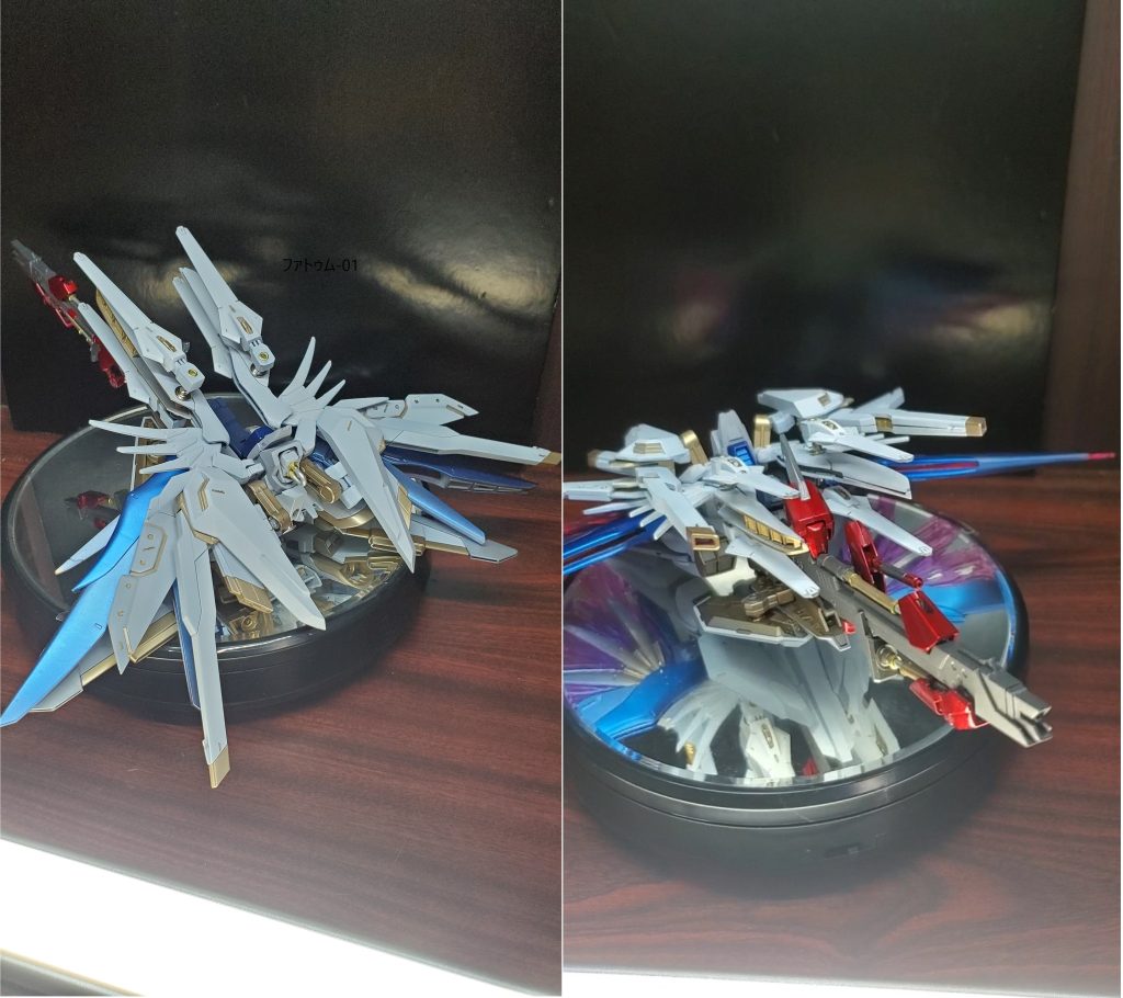 一番大変だったのがこいつです。左が通常モードで右が攻撃モードって感じですかね。名前はトゥルビヨンストライカーです(疾風とかいう意味らしいです)。設定ではドラグーンシステムで遠隔操作可能なストライカーパックとなっています。こんなにごちゃごちゃついてんだから当然ハイパーデュートリオンですね。武装はネージュについているドラグーンが4基と大型のクスィフィアス3レール砲(MG)、下部にランディングギア兼用のビーム砲、機首部にバスターランチャーを装備しています。その他の構成は基部はエールで羽はHGとHGCEデスティニーのもの、下部スラスターがファトゥム01から移植しています。あとはいろんなキットの追加パーツで構成されています。機首部分や形状からも分かってもらえるかもしれませんが、ウイングガンダムっぽく作ろうとした結果です。当初はストライク込みの変形を考えていたのですが、変形機構のない機体をカッコよく組み込むのは私には難しすぎたので諦めました。