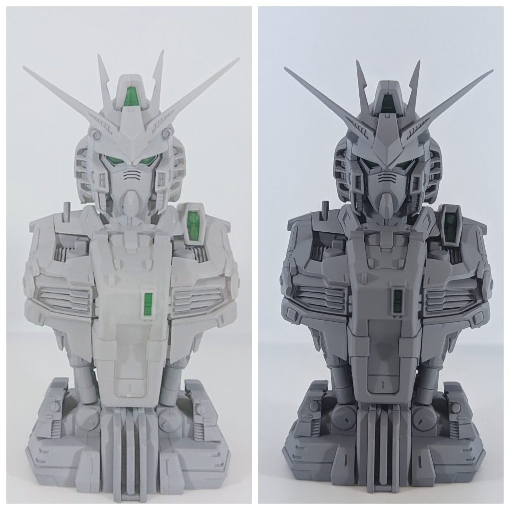 製品に何もしないでサフ吹いた物（左）と、彫り直しした物にサフ吹いた物（右）の比較スジ彫りラインがしっかり出ていい感じに😁