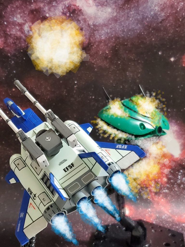 宇宙要塞ソロモンに対し、ソーラシステムが照射され戦況は連邦軍有利に❕その後、ソロモンより現れた巨大MAが連邦艦隊に多大な損害を与える💦しかし、第13独立戦隊の働きにより巨大MA撃破に成功～👊✨ソロモン攻略戦は連邦軍勝利に終わった❗そして、一年戦争もいよいよ大詰め❗連邦軍は宇宙要塞ア・バオア・クーへの進撃を開始✨テキサン・ディミトリー中尉ら第６艦隊もNフィールドより突入するのであった……💫以上、テキサン・ディミトリー中尉の搭乗機コア・ブースター(第６艦隊仕様)の妄想イメージでした～😊🎶