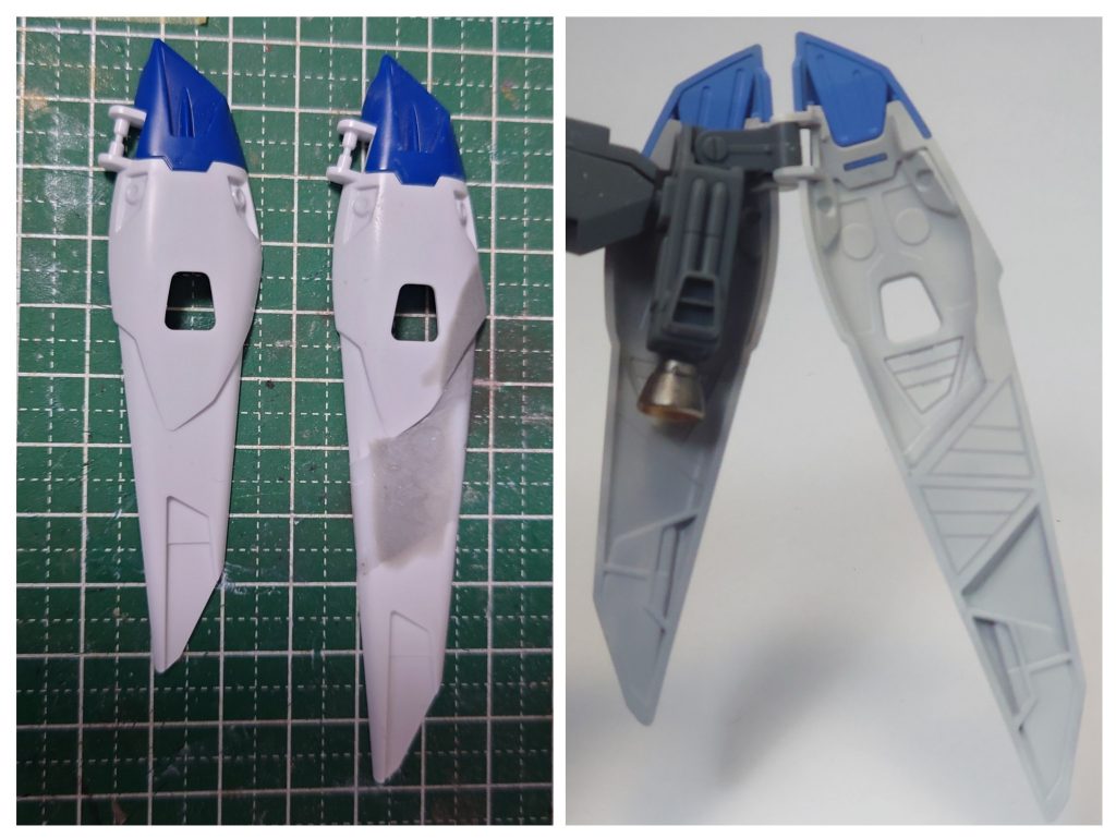 最初は4枚全て延長しようかと思ったものの、外羽根と内羽根の長さが違う方がカッコ良かったので、外の2枚だけを延長することに。タミヤの3mm角棒を5本繋げて1.5cm長くして、延長部にはそれらしいモールドを彫り込んでいます。