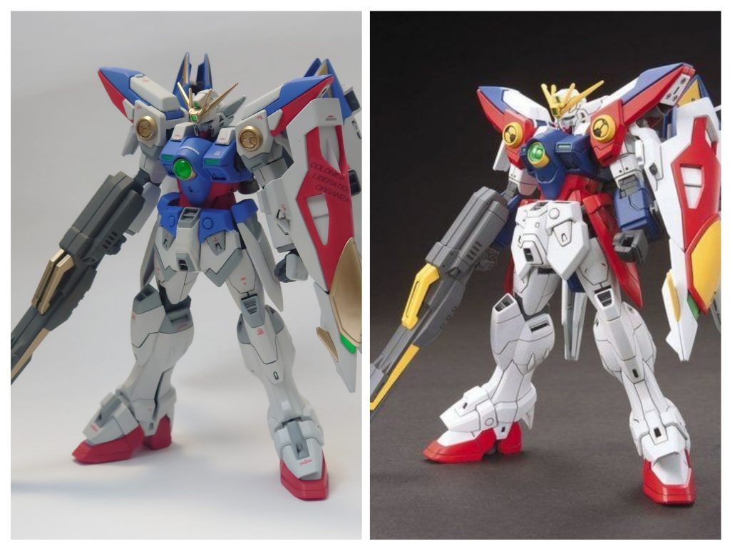 公式との比較。個人的にカラーリングで損をしているMS筆頭だと思っているウイングゼロ、モデルグラフィックスであさのまさひこさんが提唱した「カラーリングの正常化」の方法論で配色を変えています。さらに、白→グランプリホワイト青→コバルトブルー＋白＋クリアブルー少量赤→サーモンピンクにそれぞれ置き換えています。黄色部分は旧キットに敬意を込めてゴールドに（笑）。 