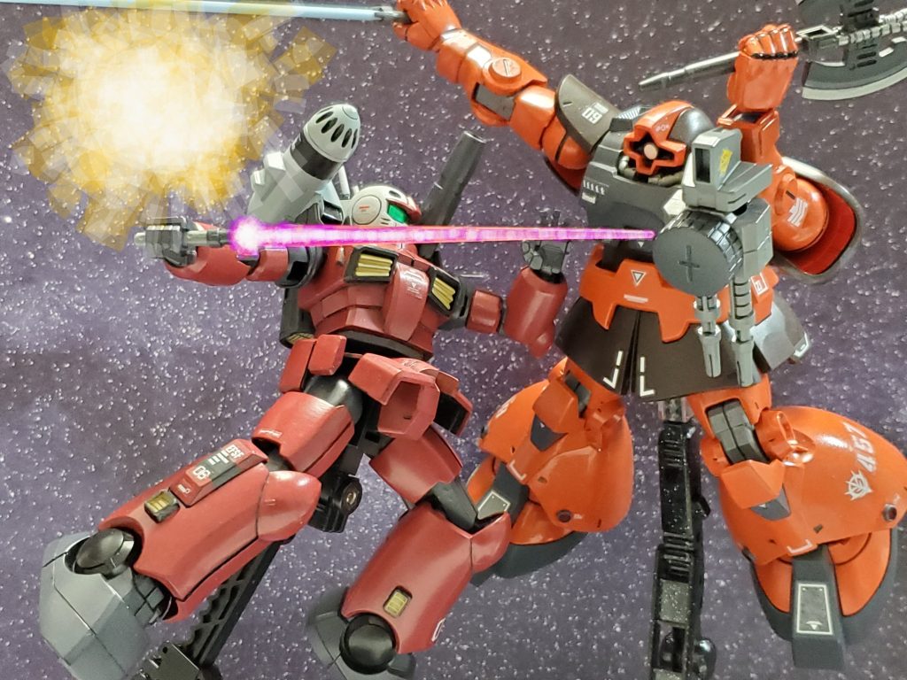 砲撃では捉えられないドムに対し、エイガー少尉は奥の手であったビームサーベルを構え懐に突撃~👊✨相手の方が強いと判断したエイガー少尉は、接近戦を避けてると思わせ懐に呼び込む作戦を展開したのであった…😎✨