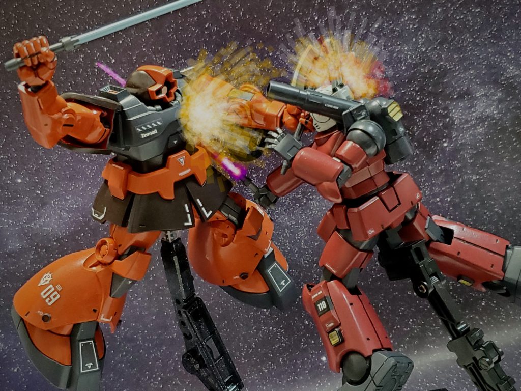 ガンキャノンのビームサーベルはドムの左腕を貫く~👊✨しかし、それと同時にドムのヒートトマホーク🪓もガンキャノン右肩に直撃💥ミサイルランチャーが爆発💣️そしてドムはヒート剣を振りかざす😱💦