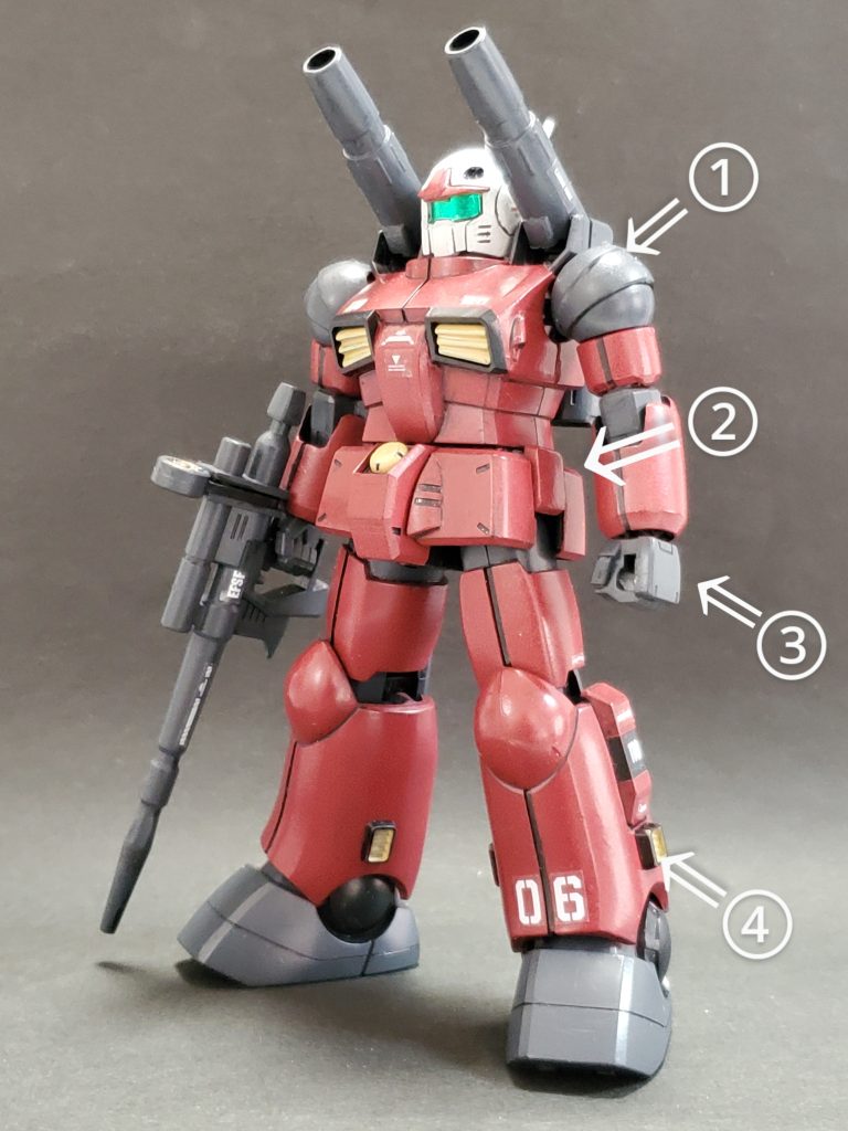 毎度、長~い妄想で申し訳ございません😅💦お付き合いありがとうございます✨今回は旧HGUCエコプラのガンキャノンを制作😊塗装は🟥はガンダムカラー・フォー・ビルダーズMS-06SレッドVer.アニメカラー❕⬛はファントムグレー、頭部の◻️はライトグレー、🟨はガンダムマーカー、ダークイエローを使用しました🎵マーキングシール後は艶消しスプレーで完了です👍ささやかな改修ポイント😎✨①内部のキャノンと一体化している腕付け根パーツを分断し、僅かですが肩が上下可動🆗✌️②足付け根可動時に、邪魔になる腰脇のパーツを排除し可動域🆙③このキットには、握り拳がないのでマニピュレーターは旧HGUCジムの拳に交換❕これにより平手やサーベル持ち手を確保しました😊④両足、内外にスラスターを増設❕ささやかですが、M型としての機動性アップを表現😅💦以上により全体のトーン暗めのガンキャノンに仕上げました~😊🎶