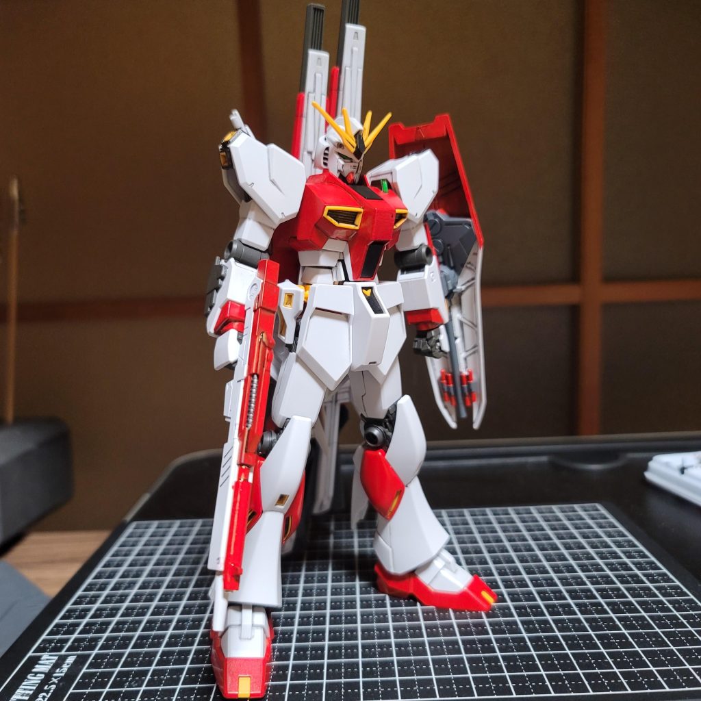 基本は自分が好きな赤が映える色合いにしたかったので、こういうカラーになりました。ほぼ黒の部分赤にしただけですね。出来上がりを見てみたら、ほぼジムのカラーじゃん…(;^ω^)でもカッコいいから良し!(笑)