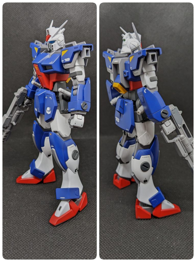 頭、肩、足首アーマー、腰アーマーのビームサーベルホルダー？、武器を105ダガーから拝借してきました。ふくらはぎスラスター？は穴をあけて市販パーツに。改造スキルが低いので移植に苦戦しました^^;足首アーマーは我ながらうまく行ってよかったとおもってます。塗装は水性ホビーカラーです。武器のバレル真ん中あたり、接着が甘かったのかエナメル塗料で黒い丸穴塗ったらヒビ入りました😂